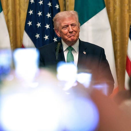 President Donald Trump arrives for a St. Patrick's Day event at the White House on March 17, 2026, in Washington, DC.