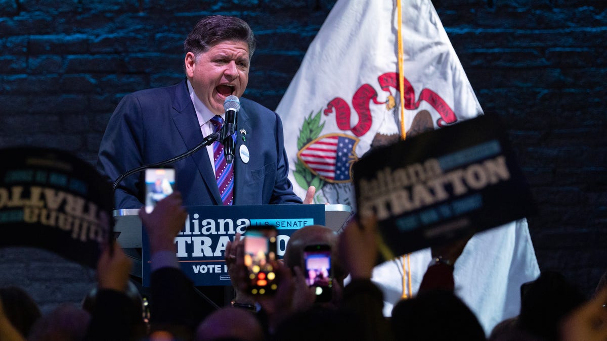 Illinois Governor JB Pritzker celebrates the primary win of Illinois Democratic Senate candidate Lt. Governor Juliana Stratton during a primary night event on March 17, 2026 in Chicago, Illinois.
