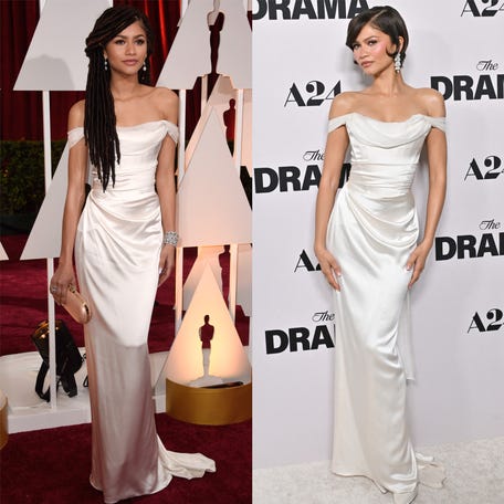Zendaya at 2015 Oscars (left) Zendaya at 2026 "The Drama" premiere (right).