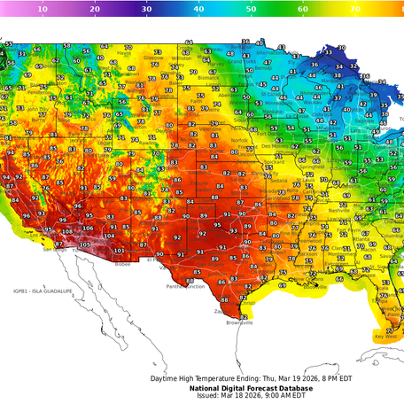 Widespread high temperatures in the 90s and triple digits are expect in the Southwestern United States amid an unusually early heatwave. The national high temperature forecast for Thursday, March 19, shows the heat will affect several states in the region.