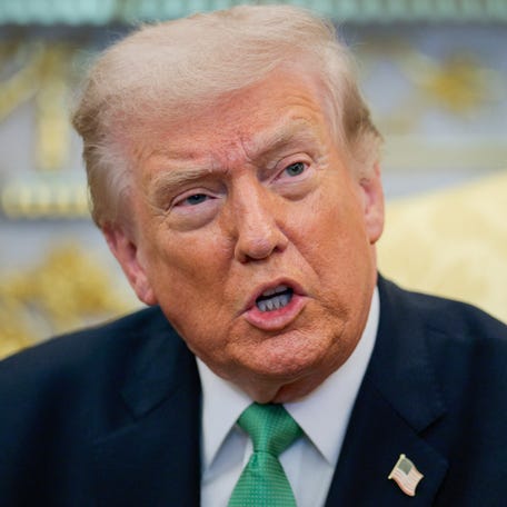 U.S. President Donald Trump speaks as he meets with Irish Taoiseach (Prime Minister) Micheal Martin at the White House in Washington, D.C., U.S., March 17, 2026.