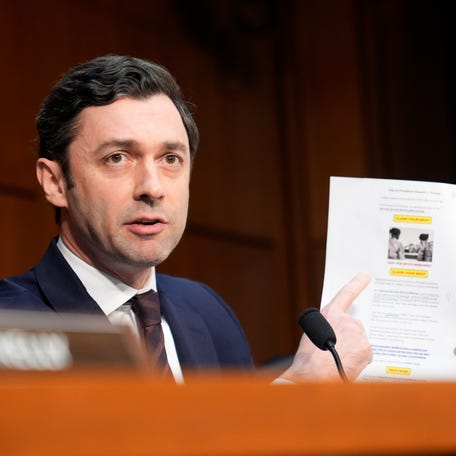 Sen. Jon Ossoff (D-Ga.) questions intelligence leaders during the Senate Select Committee on Intelligence's annual hearing examining the annual assessment of worldwide threats to U.S. national security in Washington, DC, on March 18, 2026.