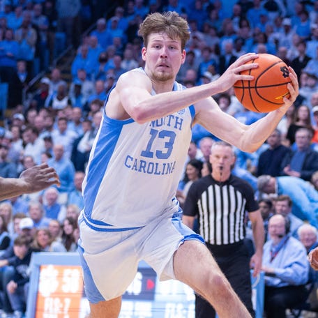 North Carolina center Henri Veesaar (13) drives to the basket during the second half of his team's game against Clemson at Dean E. Smith Center.