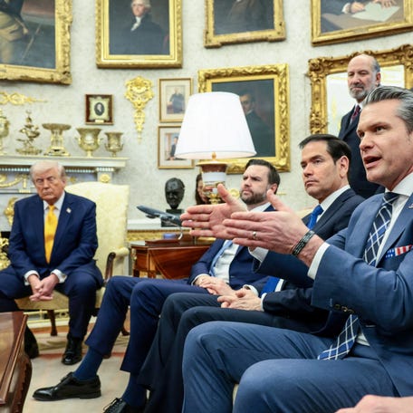 Defense Secretary Pete Hegseth speaks in an Oval Office meeting with, seated from left, President Donald Trump, Vice President JD Vance and Secretary of State Marco Rubio at the White House in Washington, DC, on March 19, 2026.