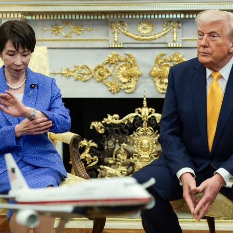 Japanese Prime Minister Sanae Takaichi looks at her watch during a meeting with U.S. President Donald Trump in the Oval Office at the White House in Washington, D.C., on March 19, 2026.