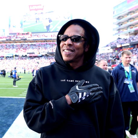 Jay-Z looks on prior to the start of Super Bowl LX between the Seattle Seahawks and the New England Patriots at Levi's Stadium on February 08, 2026 in Santa Clara, California.
