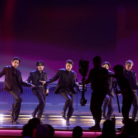 From left: J-Hope, V, Suga, Jimin, Jungkook and RM of BTS perform onstage during the 64th Annual GRAMMY Awards at MGM Grand Garden Arena on April 3, 2022, in Las Vegas.