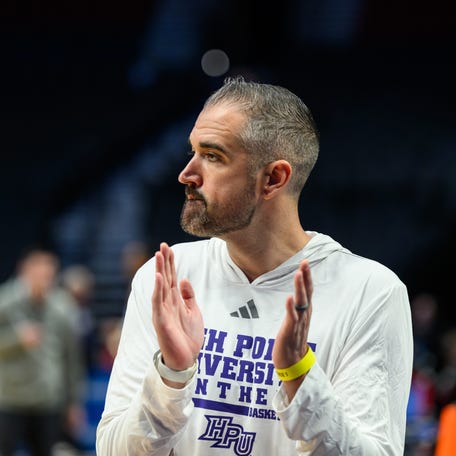 High Point Panthers head coach Flynn Clayman watches his players during a practice session ahead of the first round of the men's 2026 NCAA Tournament at Moda Center.