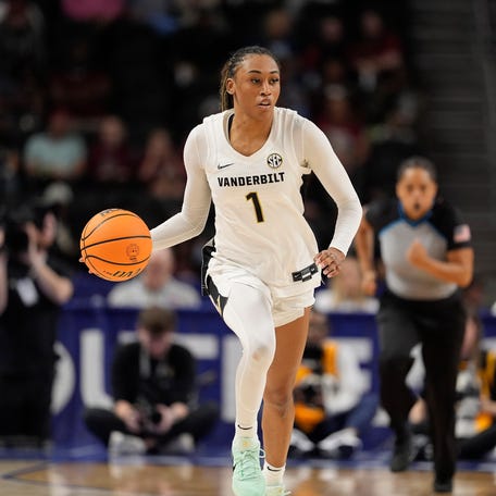 Mar 6, 2026; Greenville, SC, USA; Vanderbilt Commodores guard Mikayla Blakes (1) brings the ball up court during the second half at Bon Secours Wellness Arena. Mandatory Credit: Jim Dedmon-Imagn Images