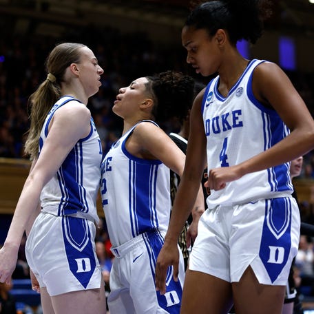 Taina Mair #22 reacts with Toby Fournier #35 of the Duke Blue Devils after a basket by Fournier in the first half against the Charleston Cougars during a first-round game of the 2026 NCAA Women's Basketball Tournament at Cameron Indoor Stadium on March 20, 2026.