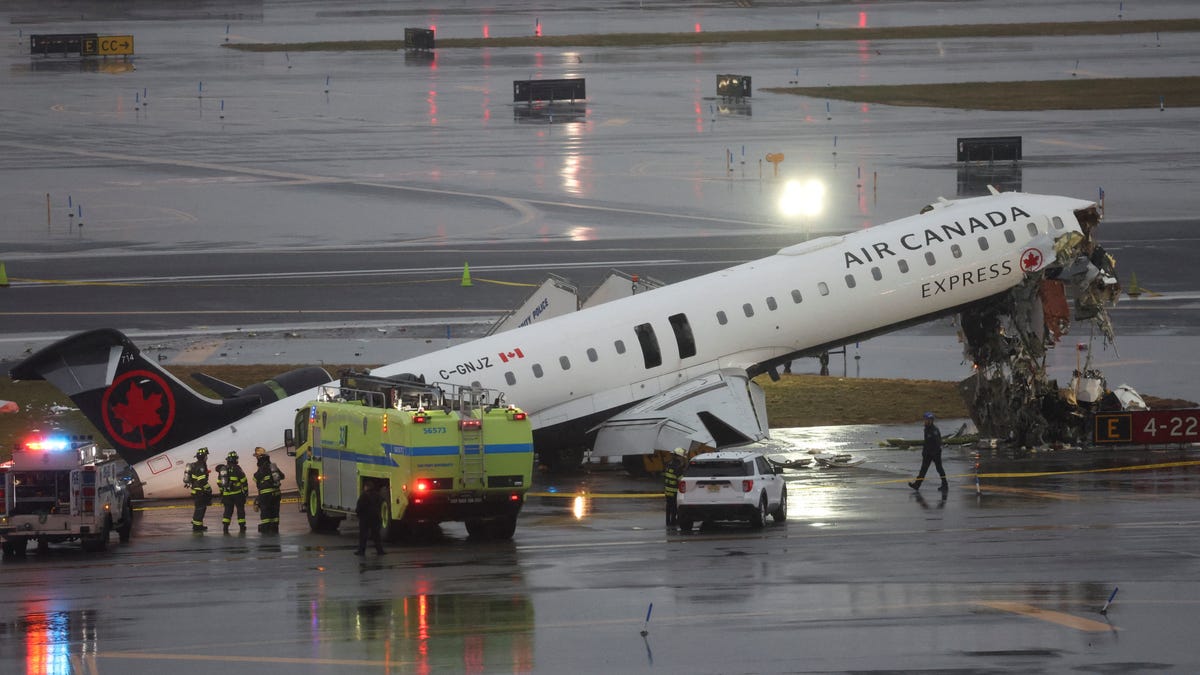 Scenes from LaGuardia show damage and emergency response following the fatal Air Canada crash at the airport on Sunday night.