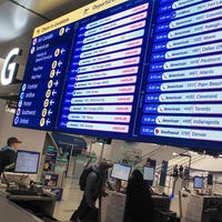 Canceled flights are displayed on a screen at Terminal B in LaGuardia Airport on March 23, 2026 in New York City. All flights into and out of LaGuardia airport have ben cancelled until 2 p.m. after an Air Canada Express plane flight from Montreal collided with a fire truck on the tarmac, killing the pilot and leaving more than 40 people injured.