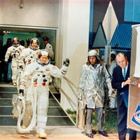 he Apollo 8 crew leaves the Kennedy Space Center's (KSC) Manned Spacecraft Operations Building (MSOB) during the Apollo 8 prelaunch countdown.