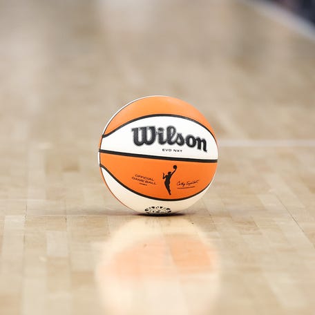 Sep 29, 2024; Minneapolis, Minnesota, USA; A view of the ball during the second half of game one of the 2024 WNBA Semi-finals between the Minnesota Lynx and the Connecticut Sun at Target Center. Mandatory Credit: Matt Krohn-Imagn Images