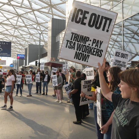People protest against Immigration and Customs Enforcement at Hartsfield-Jackson Atlanta International Airport on March 23, 2026.