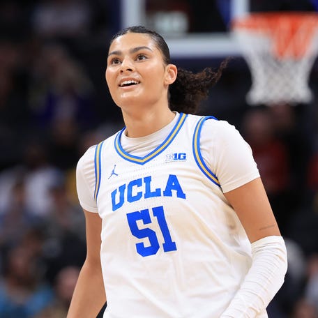 Lauren Betts #51 of the UCLA Bruins reacts against the Iowa Hawkeyes during the Big Ten Women's Basketball Tournament Championship game at Gainbridge Fieldhouse on March 08, 2026 in Indianapolis, Indiana.