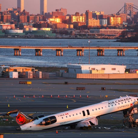 The wreckage of an Air Canada Express jet that collided with a ground vehicle at New York's LaGuardia Airport on Monday in Queens, New York, U.S., March 24, 2-2026.