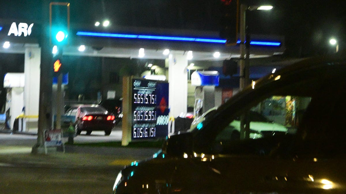 Gas prices are seen at a gas station in Los Angeles, on March 23, 2026.