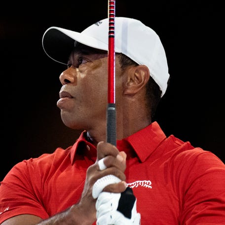Tiger Woods of Jupiter Links GC warms up before match against Los Angeles Golf Club at TGL finals at SoFi Center on March 24, 2026, in Palm Beach Gardens, Florida.