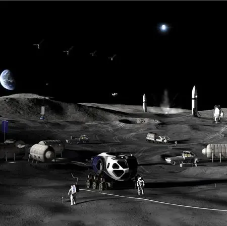 This artistic rendering shows what NASA's moon base may look like near the lunar south pole.