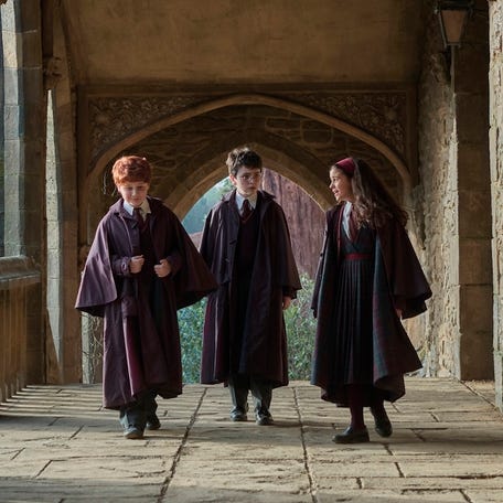 Alastair Stout as Ron Weasley, Dominic McLaughlin as Harry Potter and Arabella Stanton as Hermione Granger in HBO's "Harry Potter" TV reboot, coming in December 2026.