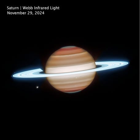 Side-by-side views of Saturn from NASA's James Webb Space Telescope and Hubble Space Telescope show a dynamic planet with atmospheric features, orbiting moons, and bright rings.