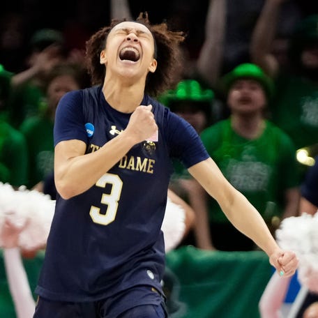 Notre Dame guard Hannah Hidalgo celebrates during the Women's NCAA Tournament second round game against Ohio State at the Jerome Schottenstein Center in Columbus on March 23, 2026. Notre Dame won 83-73.