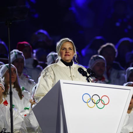 [US, Mexico & Canada customers only] Feb 22, 2026; Verona, Italy; IOC President Kirsty Coventry delivers a speech in the Closing Ceremony of the Milano Cortina 2026 Olympic Winter Games at Verona Olympic Arena.