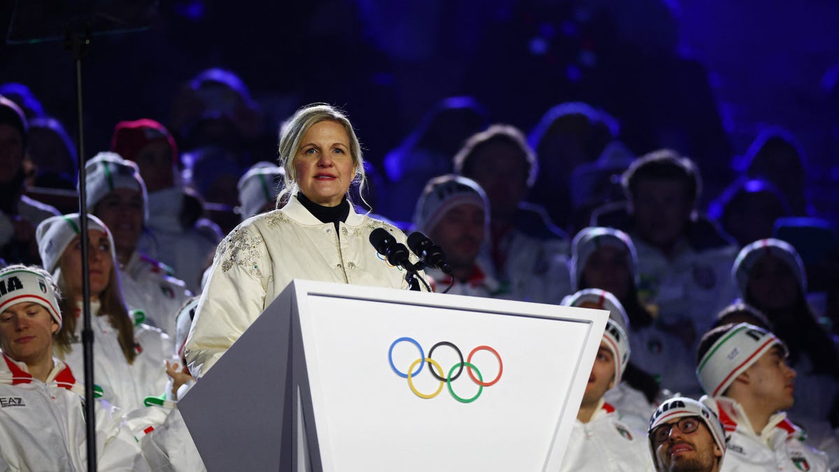 [US, Mexico & Canada customers only] Feb 22, 2026; Verona, Italy; IOC President Kirsty Coventry delivers a speech in the Closing Ceremony of the Milano Cortina 2026 Olympic Winter Games at Verona Olympic Arena.