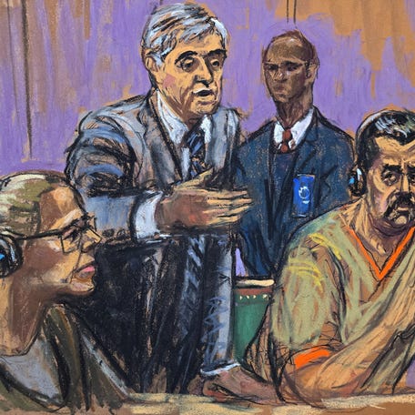 Ousted Venezuelan President Nicolás Maduro with his wife, Cilia Flores, Flores' lawyer, Mark Donnelly, and Maduro's lawyer, Barry Pollack. They attended a hearing in a narco-terrorism case accusing Maduro of running a cartel of Venezuelan officials that flooded the U.S. with cocaine, at the Daniel Patrick Moynihan United States Court House in New York City, U.S., March 26, 2026, in this courtroom sketch.