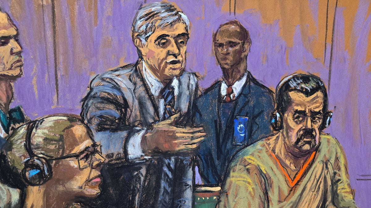 Ousted Venezuelan President Nicolás Maduro with his wife, Cilia Flores, Flores' lawyer, Mark Donnelly, and Maduro's lawyer, Barry Pollack. They attended a hearing in a narco-terrorism case accusing Maduro of running a cartel of Venezuelan officials that flooded the U.S. with cocaine, at the Daniel Patrick Moynihan United States Court House in New York City, U.S., March 26, 2026, in this courtroom sketch.