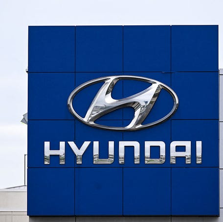 The Hyundai logo is seen outside a dealership in Houston, Texas, on March 27, 2025.