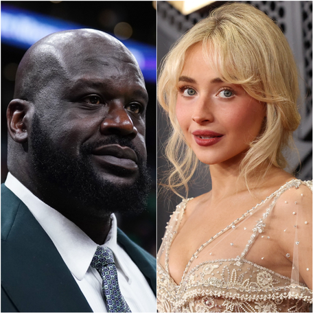 Shaquille O'Neal looks on before the game between the Boston Celtics and the Dallas Mavericks in game one of the 2024 NBA Finals at TD Garden. / Sabrina Carpenter poses on the 68th Annual Grammy Awards red carpet in Los Angeles.