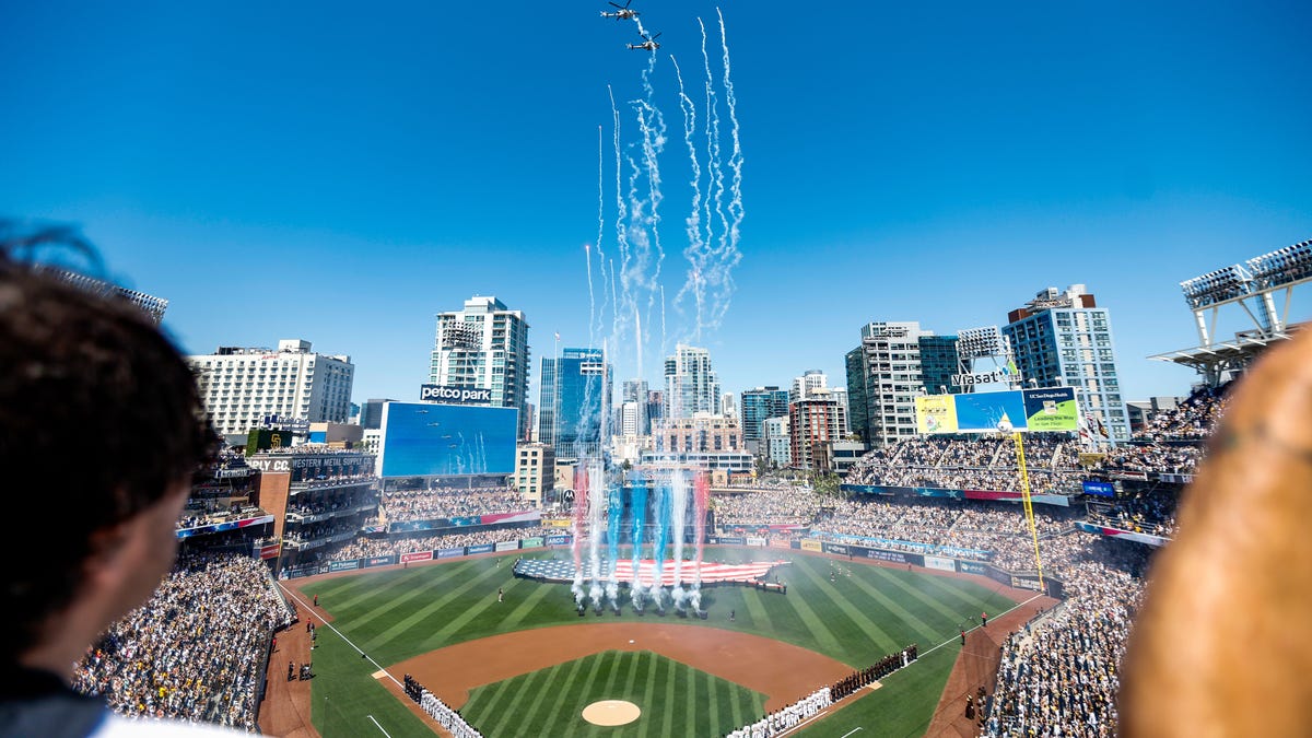 A military flyover is seen before the game between the San Diego Padres and Detroit Tigers at Petco Park.