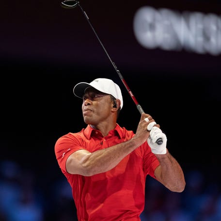 Tiger Woods of Jupiter Links GC tees off during match against Los Angeles Golf Club during the TGL finals at SoFi Center on March 24, 2026, in Palm Beach Gardens, Florida.