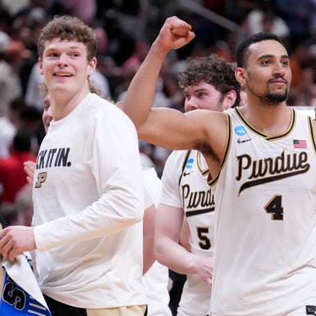 Purdue Boilermakers forward Trey Kaufman-Renn (4) celebrates the team's 79-77 win Thursday, March 26, 2026, after a Sweet 16 game against the Texas Longhorns at SAP Center in San Jose, Calif.