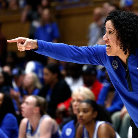 DURHAM, NORTH CAROLINA - MARCH 22: Head coach Kara Lawson of the Duke Blue Devils directs her team in the first half against the Baylor Bears during a second round game of the 2026 NCAA Women's Basketball Tournament at Cameron Indoor Stadium on March 22, 2026 in Durham, North Carolina. (Photo by Lance King/Getty Images)