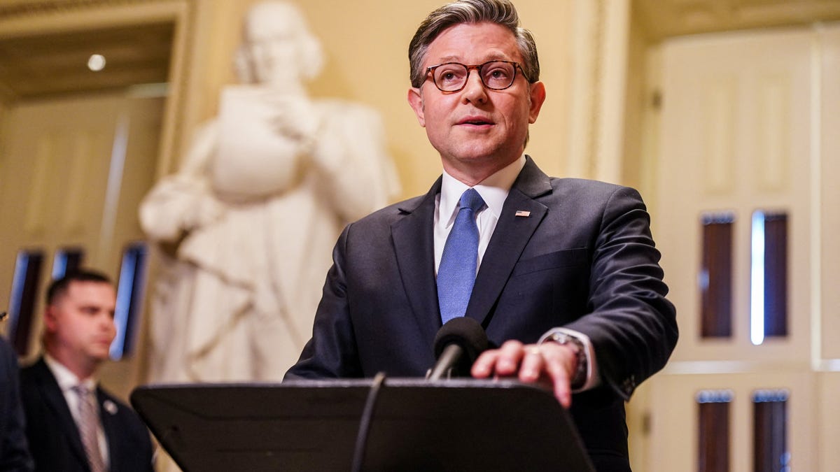 House Speaker Mike Johnson (R-LA) speaks to the media at the U.S. Capitol on March 26, 2026.