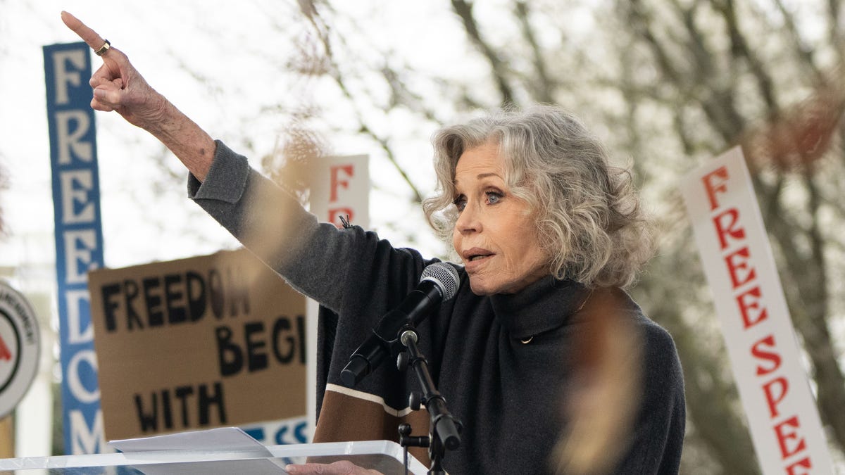 Jane Fonda, Joan Baez and other cultural leaders rally outside the Kennedy Center to speak out against censorship and political pressure.