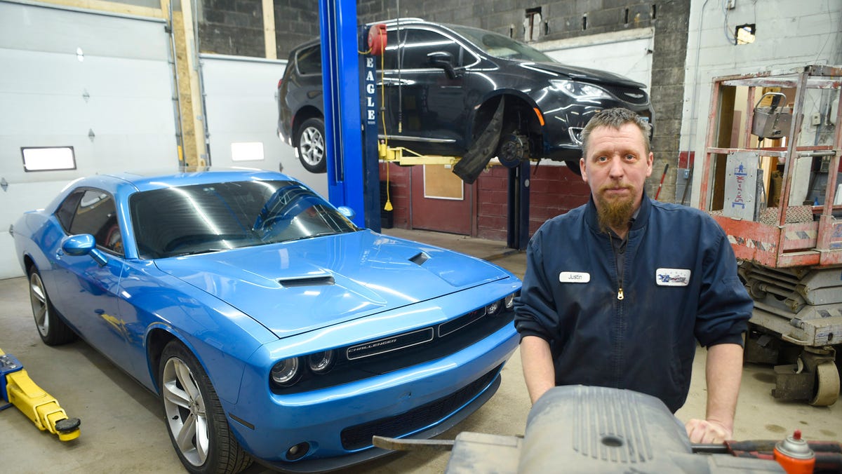 Justin Thaemert in his Foley, Minn., shop on Friday, March 27, 2026. Thaemert, 35, a co-owner of the Five Star Auto Repair shop in Foley, Minn., has seen business drop more than 60% since the U.S. war in Iran began nearly a month ago.