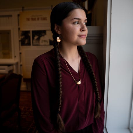 The current Miss Cherokee, Hannah Neugin, at the John Ross Museum in Tahlequah, Okla.