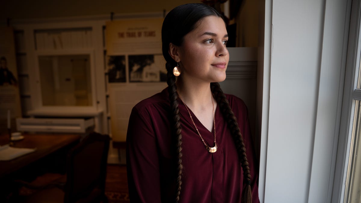 The current Miss Cherokee, Hannah Neugin, at the John Ross Museum in Tahlequah, Okla.