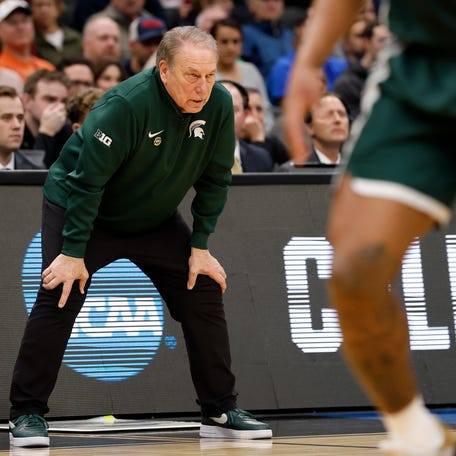 Mar 27, 2026; Washington, DC, USA; Michigan State Spartans head coach Tom Izzo in the first half during a Sweet Sixteen game of the East Regional of the men's 2026 NCAA Tournament at Capital One Arena. Mandatory Credit: Geoff Burke-Imagn Images