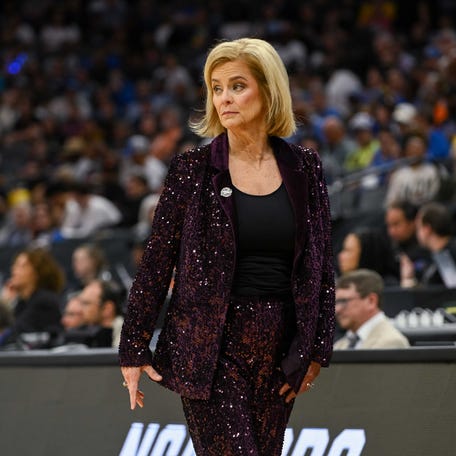 LSU Tigers head coach Kim Mulkey against the Duke Blue Devils at the Sweet Sixteen game of the Sacramento Regional 2 of the women's 2026 NCAA Tournament at Golden 1 Center on Mar 27, 2026 in Sacramento, CA.