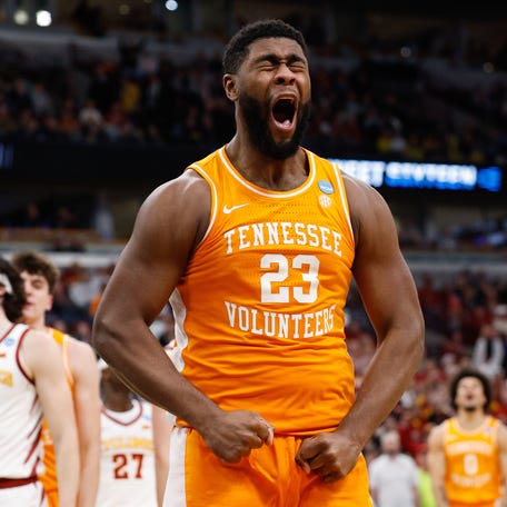 Tennessee Volunteers forward Jaylen Carey (23) reacts during a Sweet 16 win over Iowa State at the United Center on March 27, 2026.