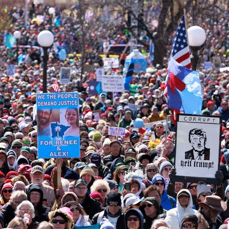 A large crowd of demonstrators gather outside the Minnesota State Capitol during the "No Kings" national day of protest in Saint Paul, Minnesota, on March 28, 2026.