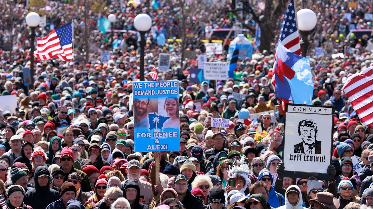 A large crowd of demonstrators gather outside the Minnesota State Capitol during the "No Kings" national day of protest in Saint Paul, Minnesota, on March 28, 2026.