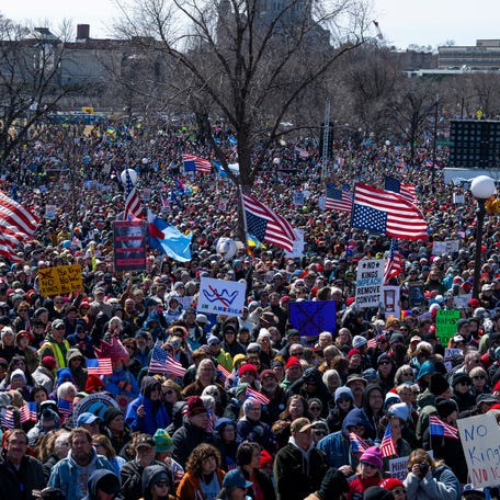 Demonstrators gather for a "No Kings" protest outside the State Capitol building on March 28, 2026 in St Paul, Minnesota.