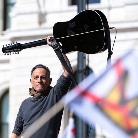 Bruce Springsteen performs during a "No Kings" protest outside the State Capitol building on March 28, 2026 in St Paul, Minnesota. This is the third nationwide "No Kings" protest held against the Trump administration.