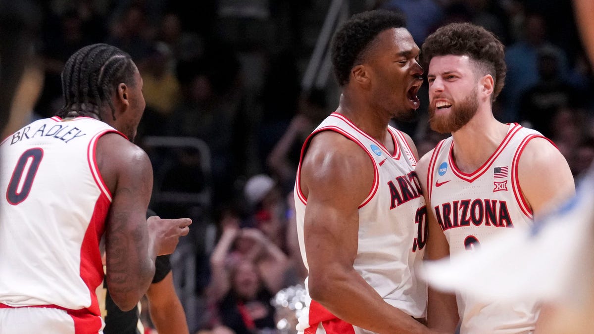 Arizona Wildcats forward Tobe Awaka (30) and guard Anthony Dell'Orso (3) celebrate during the Elite Eight game against Purdue.